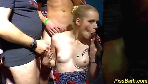 Blonde and tattooed sluts pissing and banging in shower