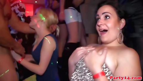 Amateur blondie and brunette dancing with two red dicks