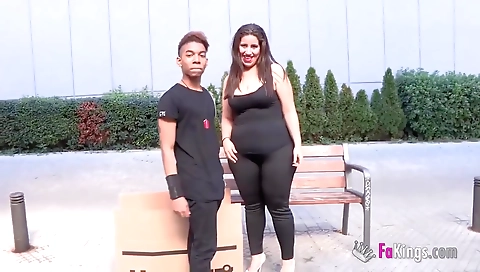 Brunette busty woman gets her tits pounded by a huge dick