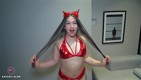 Busty brunette with a tattooed pussy fucked in her mouth