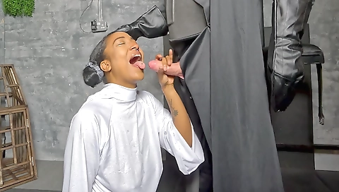 Brunette teen and her stepdad in interracial threesome