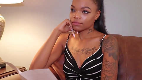 Brunette black beauty plays with her dildo in shower