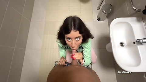 Brunette babe gets fucked in public toilet in mall