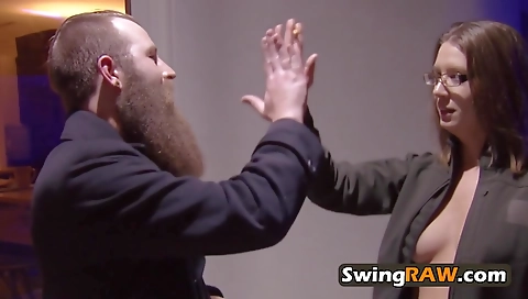 Ebony couples with a guy in amateur interracial video