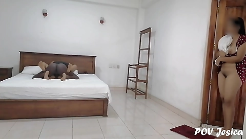 Stepmom in her white dress and stepsis in red stockings