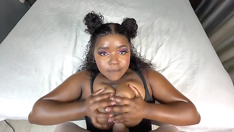 Black teen gets a creampie on her big ass and tits