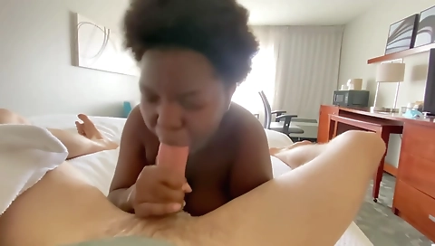 Ebony teen with big boobs gets a facial on the hotel bed