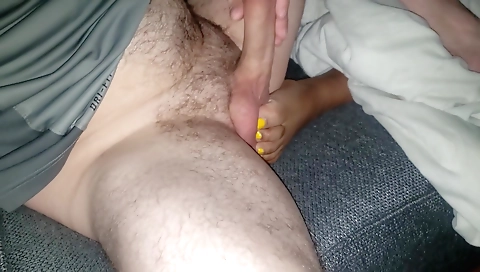 Hottie gives a footjob to her white dude and she sucks his cock