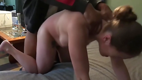 Redheaded whore gets a creampie and a handjob on the counter