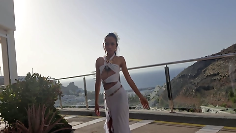 Amateur asian rides a dick with a friend in a public balcony